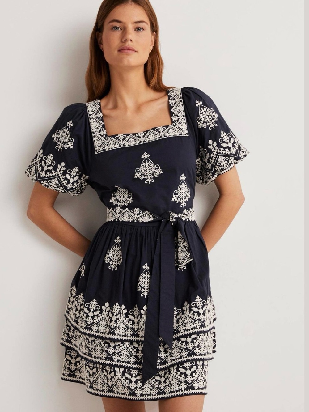 Boden Navy Embroidered Square-Neck Dress women’s 6